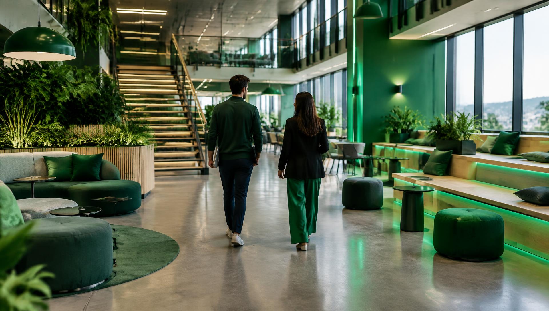 Open collaborative workplace with planted breakout areas