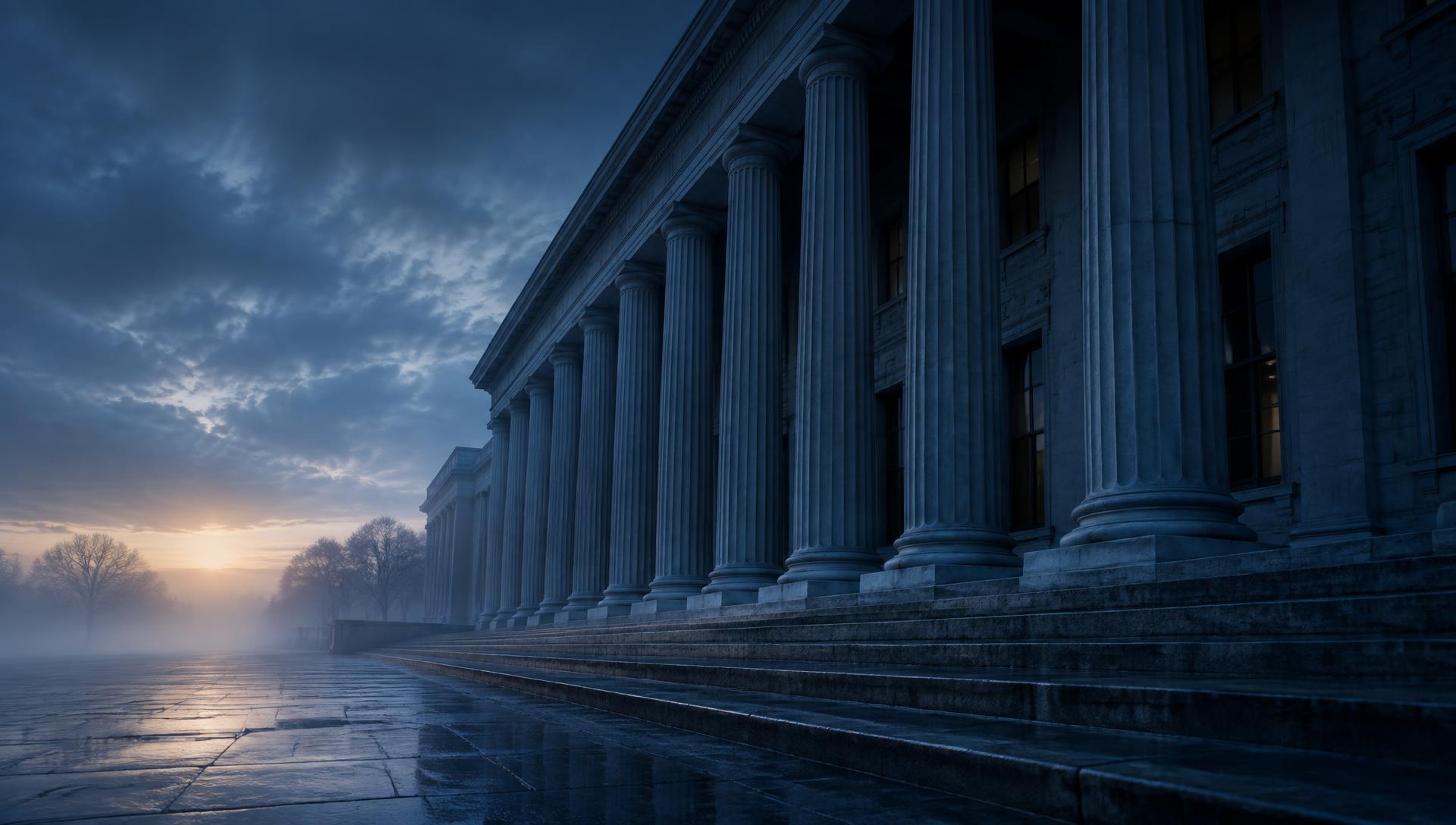 Colonnade of a public institutional building at dawn
