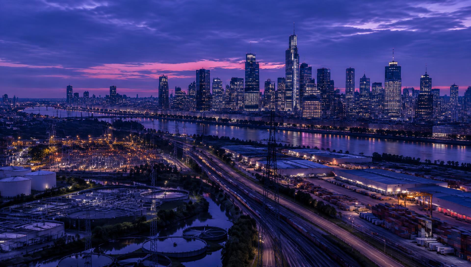 Business district skyline above an industrial and utility corridor at blue hour