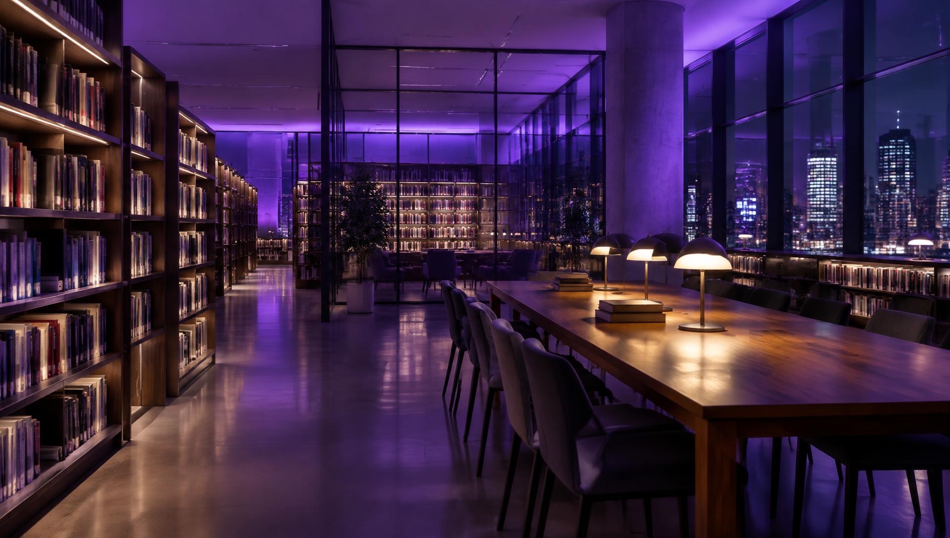 Research and reading room with long study tables at night
