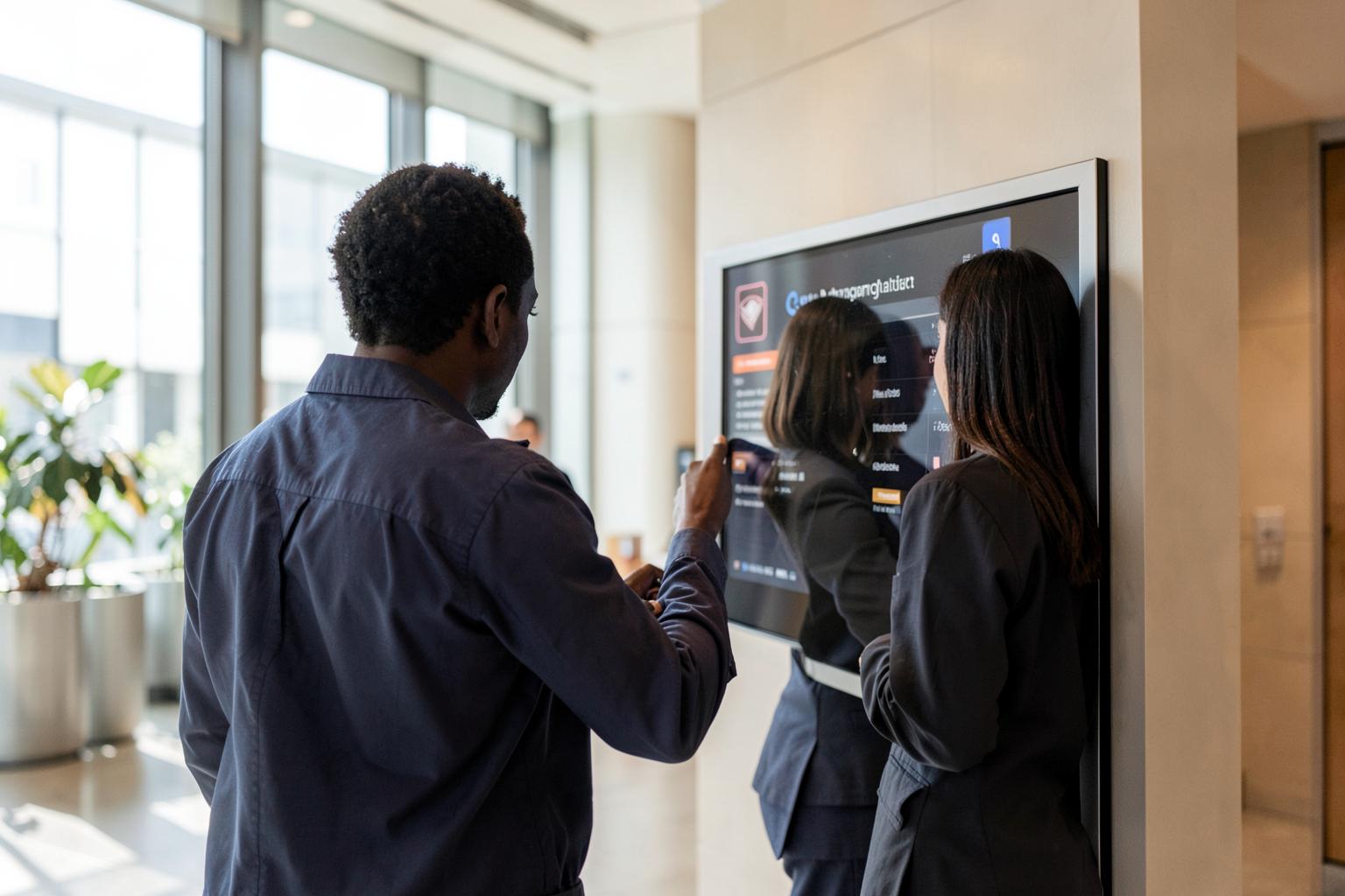 Facilities staff reviewing a building management panel in an office lobby