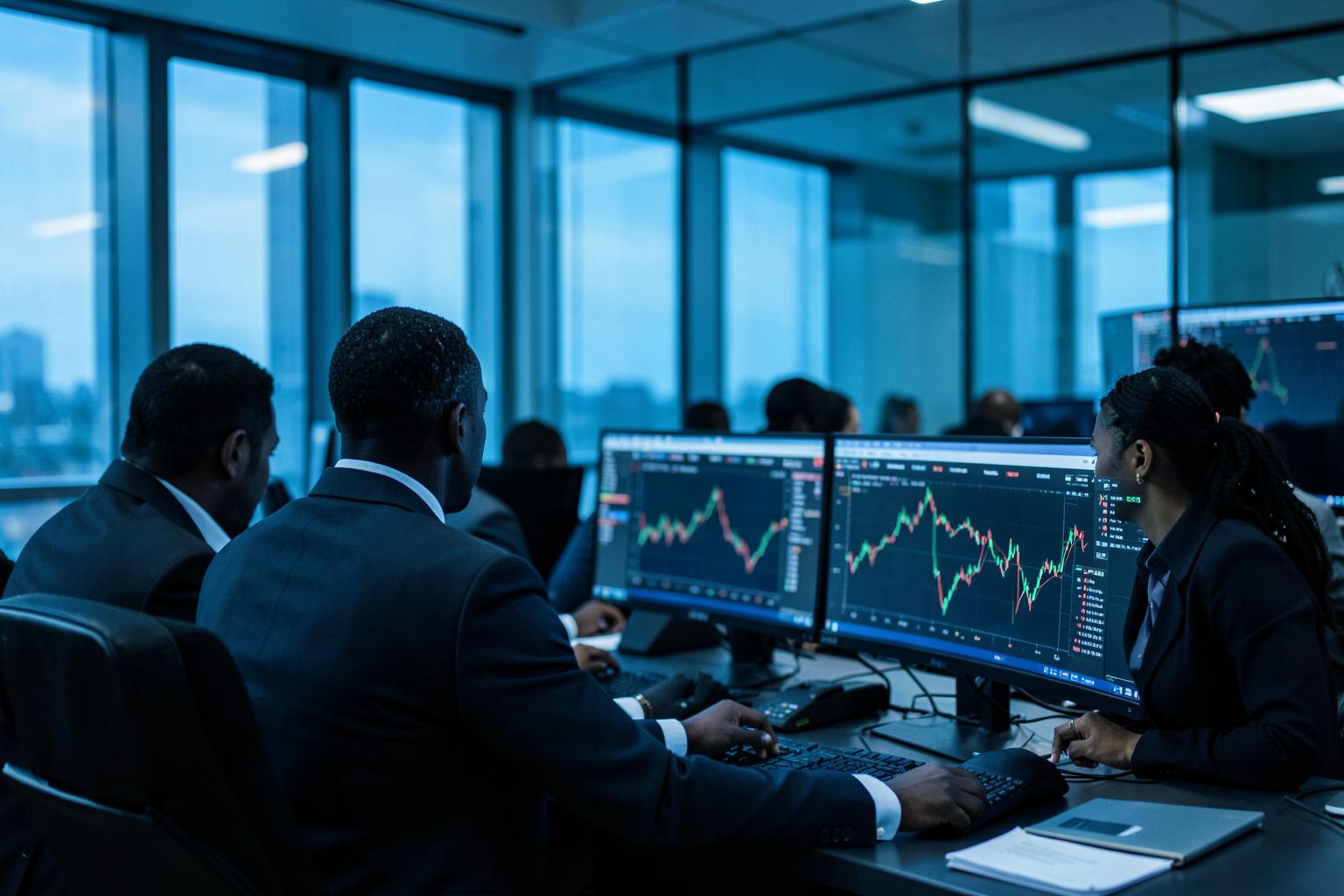 Financial analysts reviewing market risk dashboards