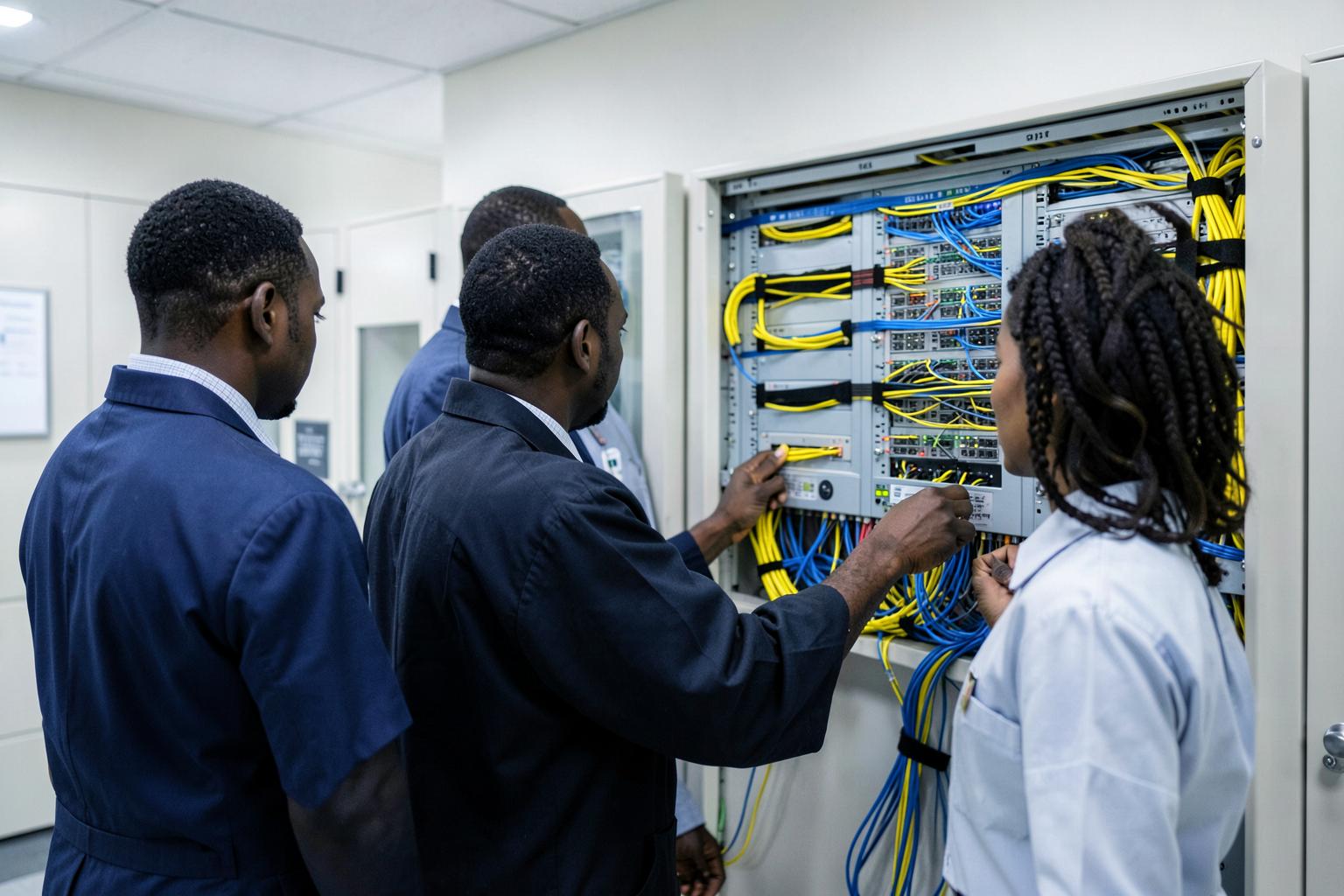 Clinical technology staff checking a hospital network cabinet