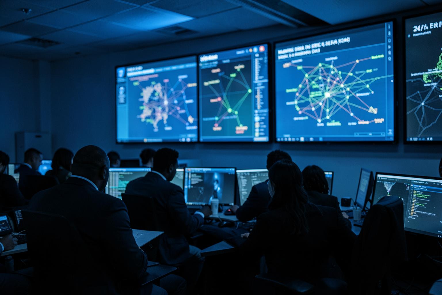 Operators monitoring status displays in a 24/7 operations center