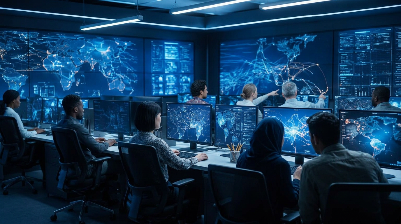Secure operations center with wall displays showing network telemetry